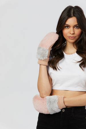 Faux Fur Gloves - Pink/Grey
