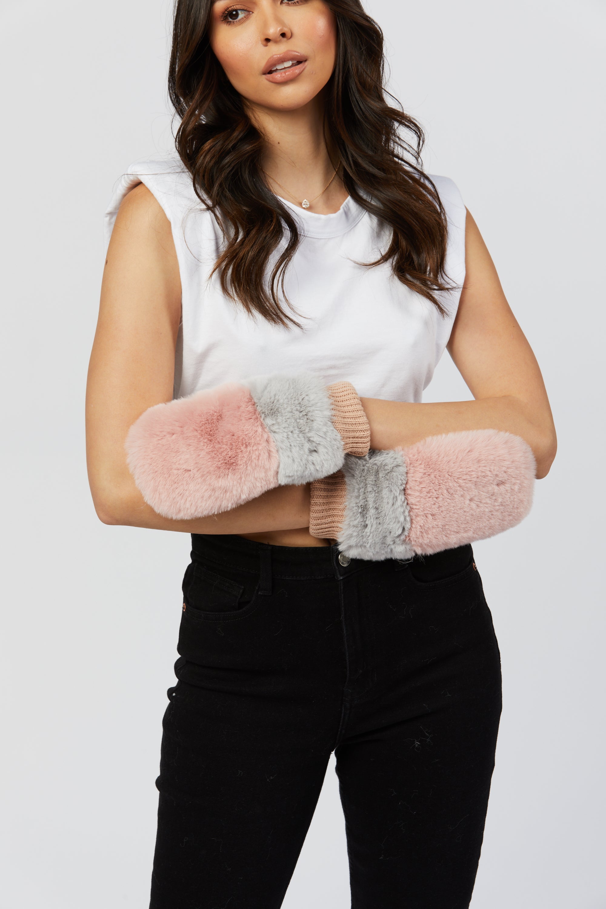 Faux Fur Gloves - Pink/Grey