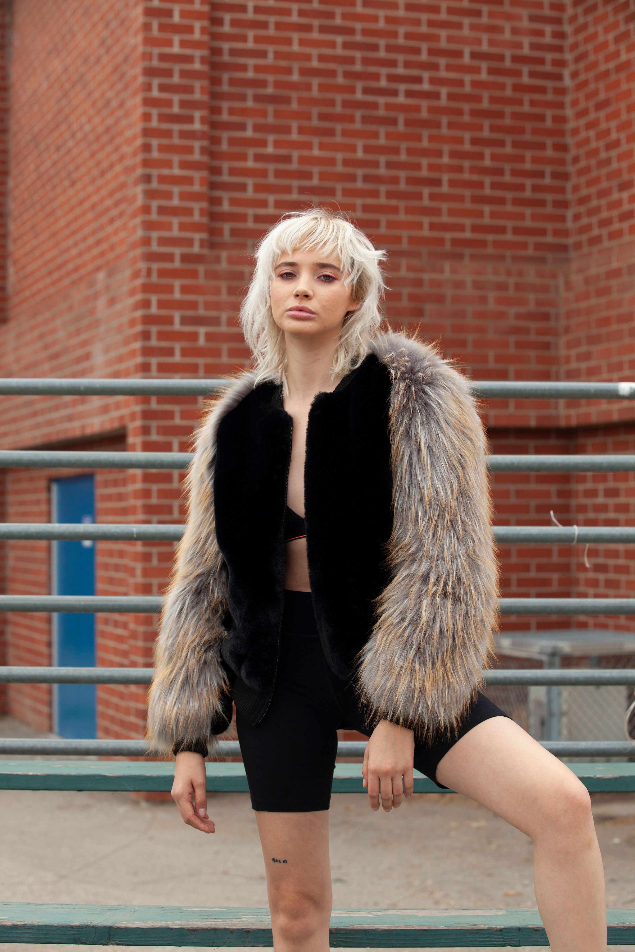 Shaci Pink And Green Shorts Shaci Faux Fur Bomber Jacket