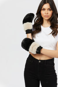 Faux Fur Gloves - Black/Cream