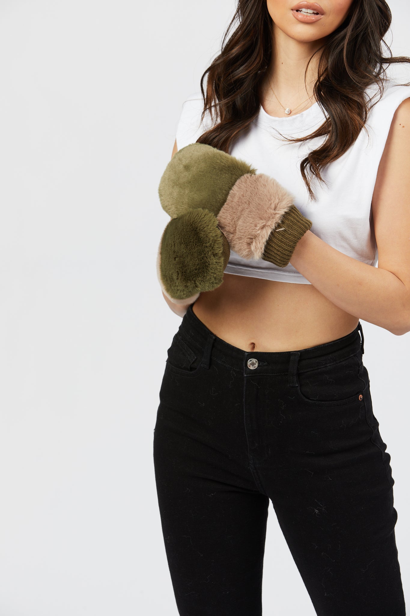 Faux Fur Gloves - Green/Grey