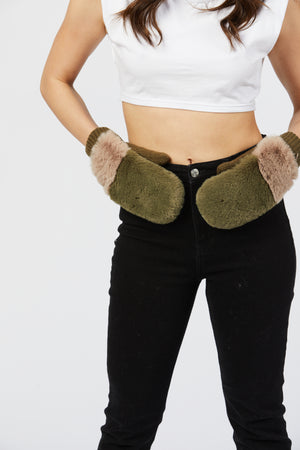 Faux Fur Gloves - Green/Grey