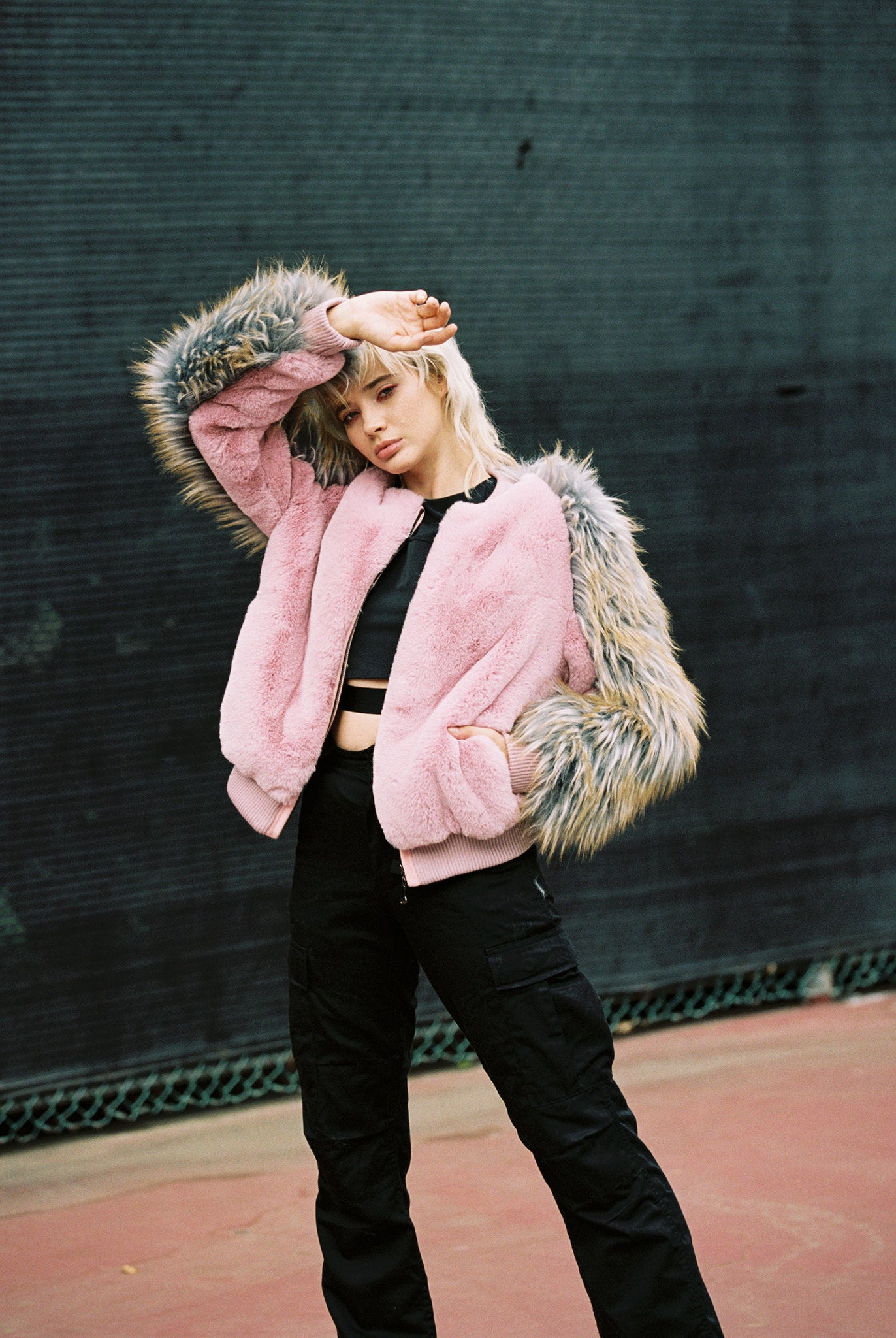 shaci bronx pink faux fur bomber jacket