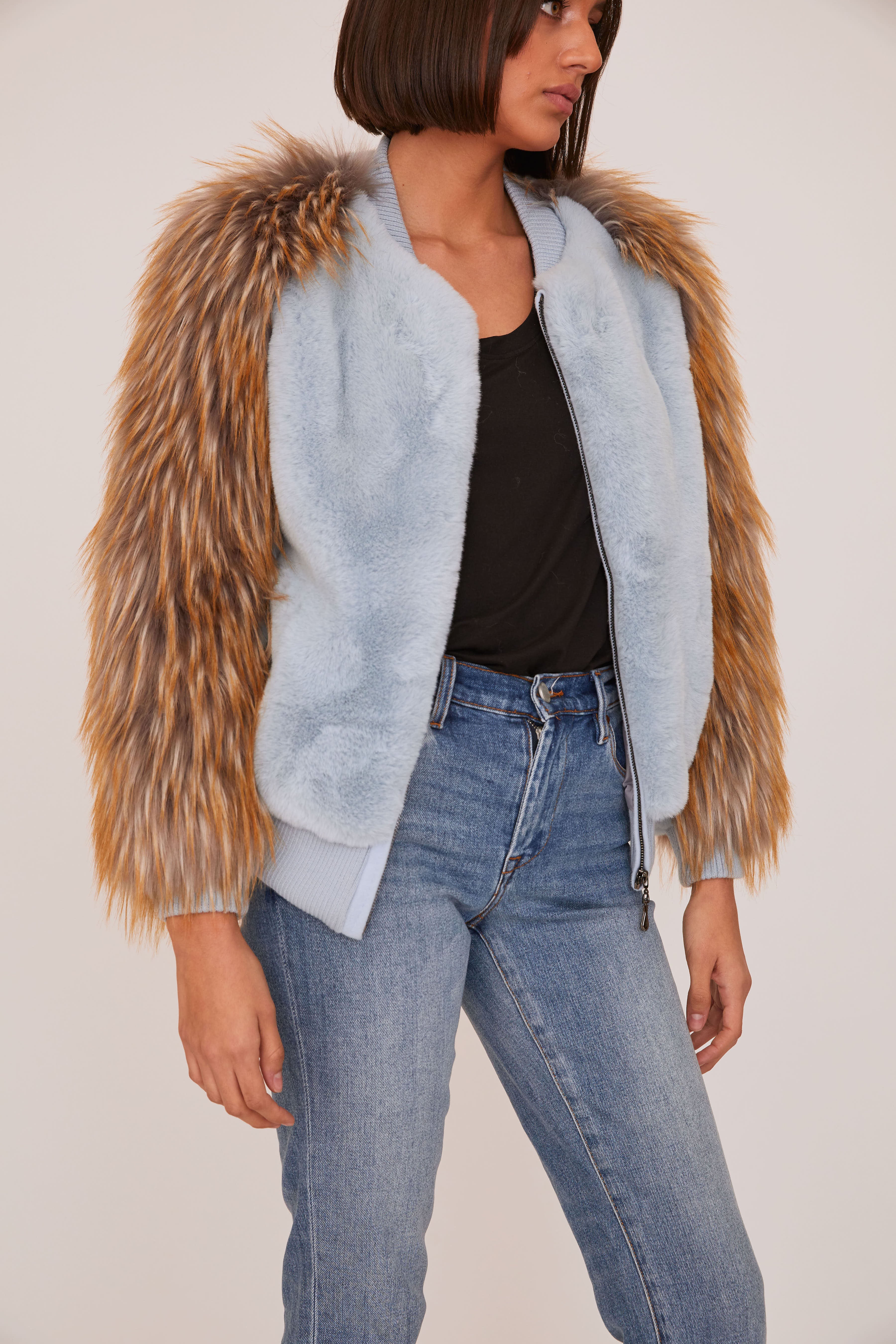shaci bronx baby blue faux fur bomber jacket