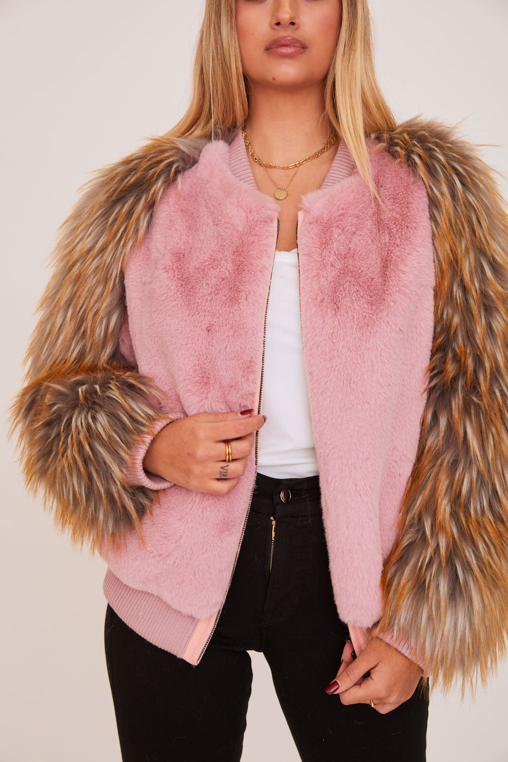 shaci bronx pink faux fur bomber jacket