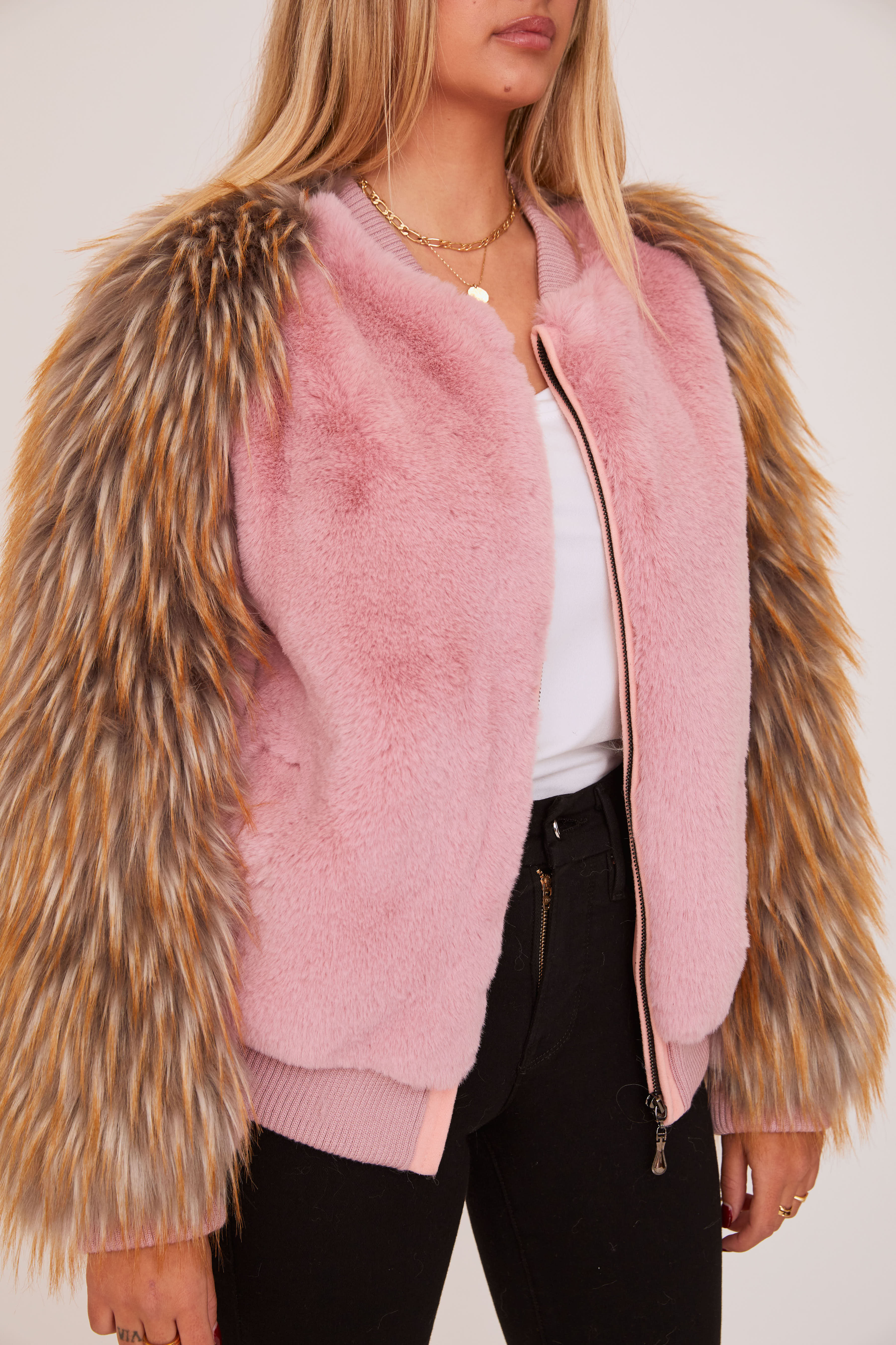 shaci bronx pink faux fur bomber jacket