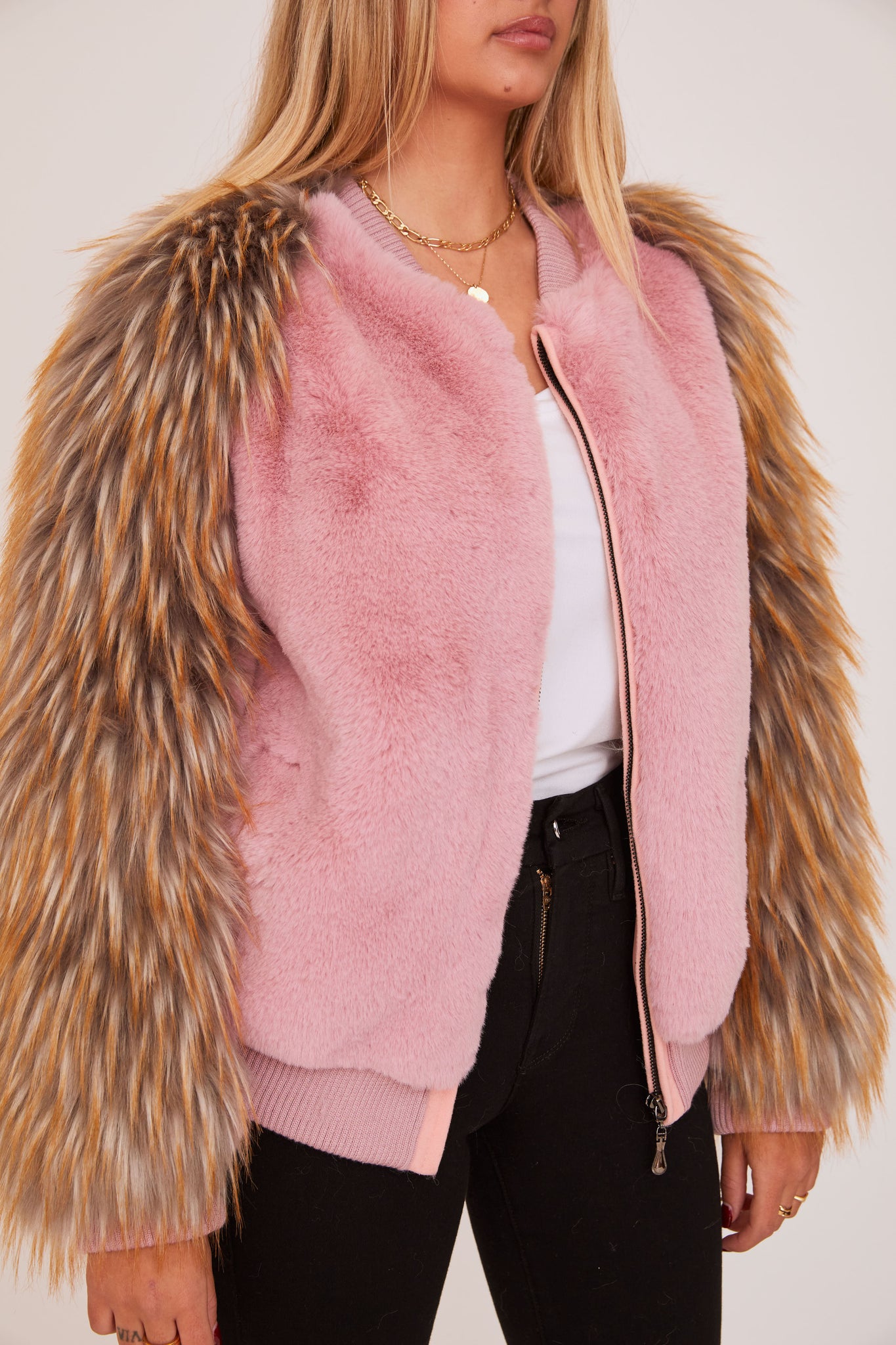shaci bronx pink faux fur bomber jacket