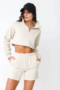 Half-Zip Cropped Sweater - Beige